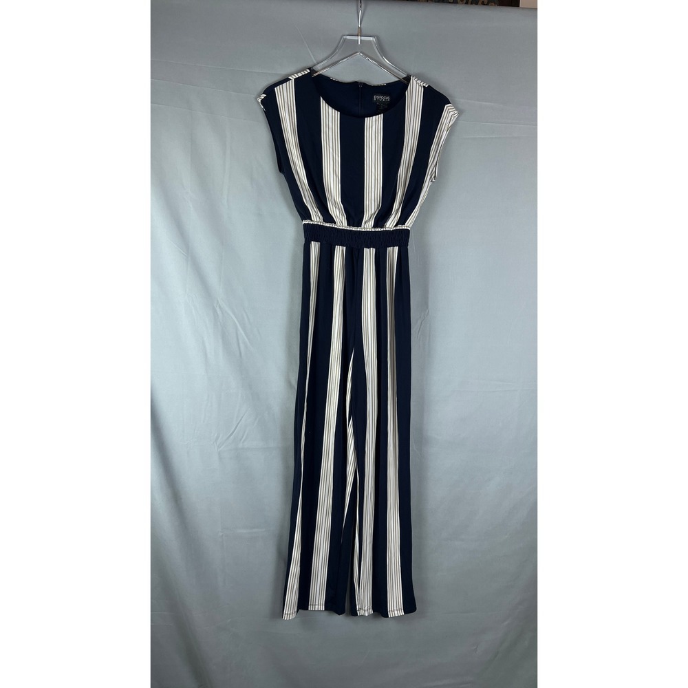Enfocus Studio Wide Leg Jumpsuit Women 4 Navy White Striped Cinched Waist Casual